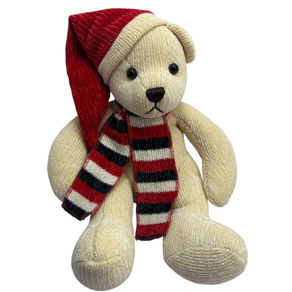 Pier 1 Imports Christmas Teddy Bear Cream Corduroy Plush Santa Hat Scarf 12in